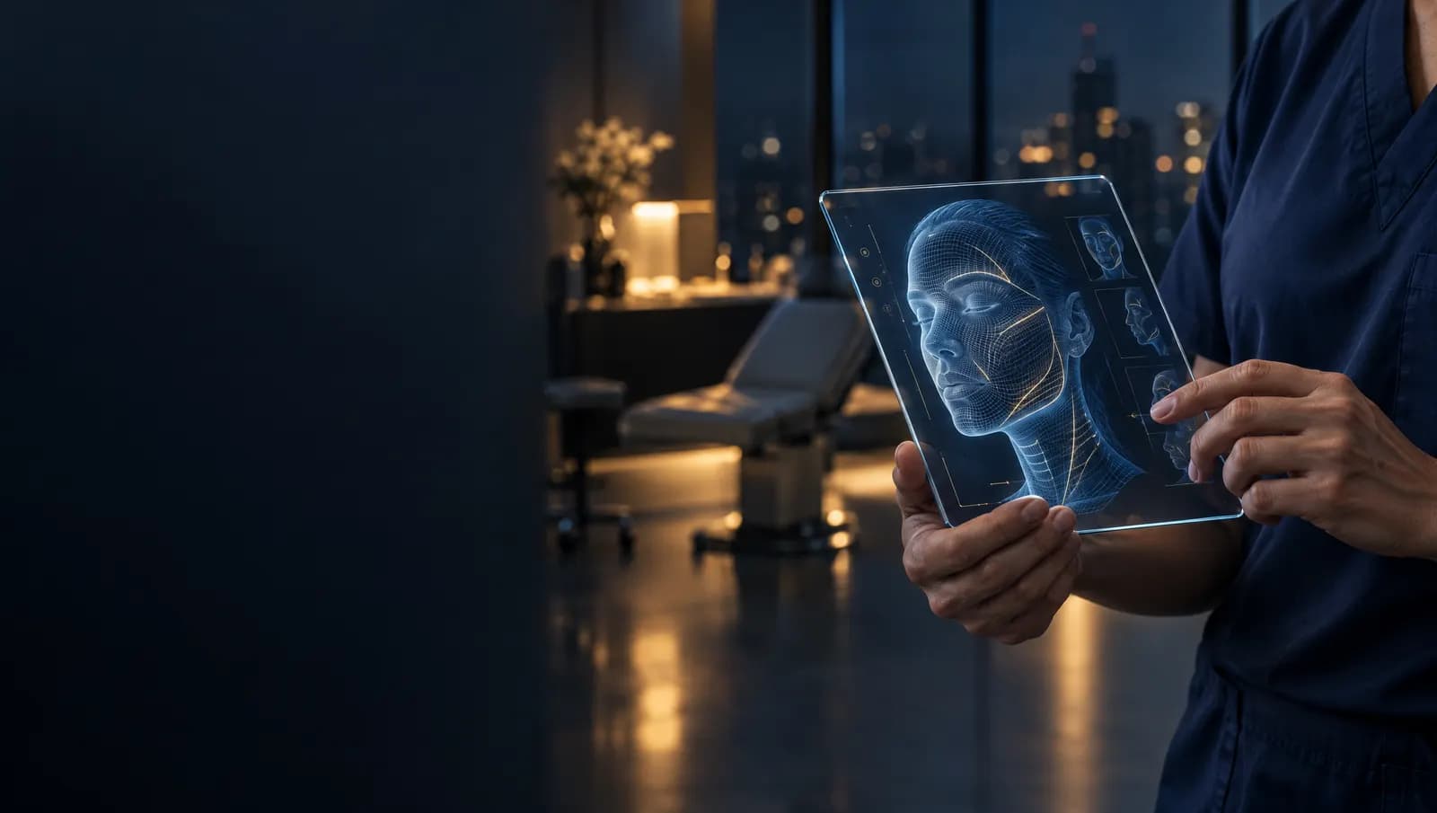A surgeon holding a glass tablet showing a 3D wireframe of a face